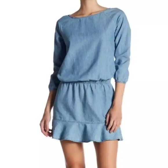 Soft Joie Arryn B Chambray Dress Drop Waist Ruffle Hem Light Blue Denim size XS - Picture 1 of 5